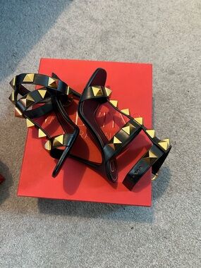 Valentino Black Leather Heeled Sandals with Gold Pyramid Studs